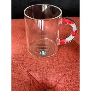 Starbucks 2021 Holiday Glass Mug Red White Crystal Filled Handle 12oz Coffee Cup